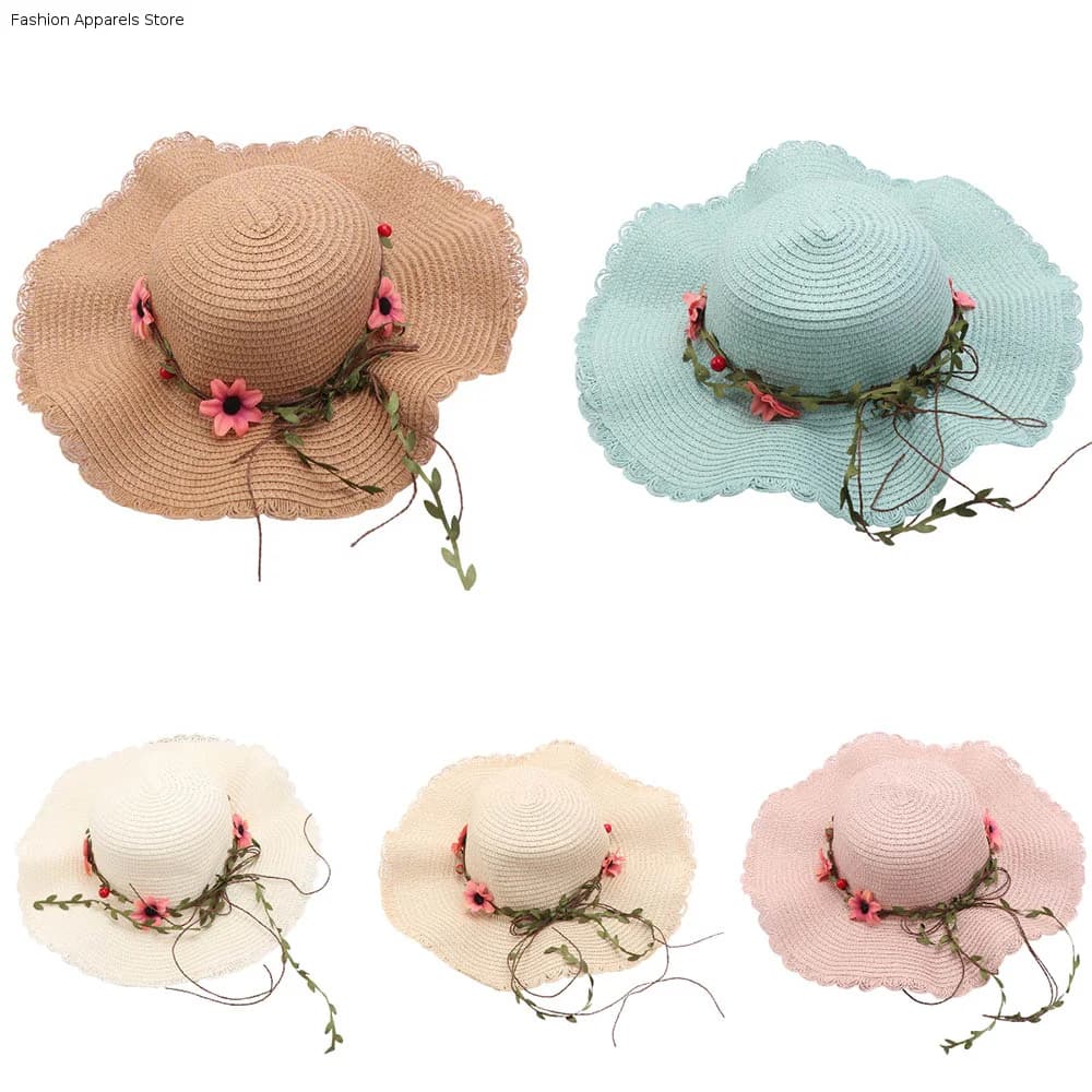 Sunscreen Beachside Sun Hat Wide Brim Weave Flower Lafite Straw Hat UV Protection Fishing Cap Summer Beach Hat Outdoor