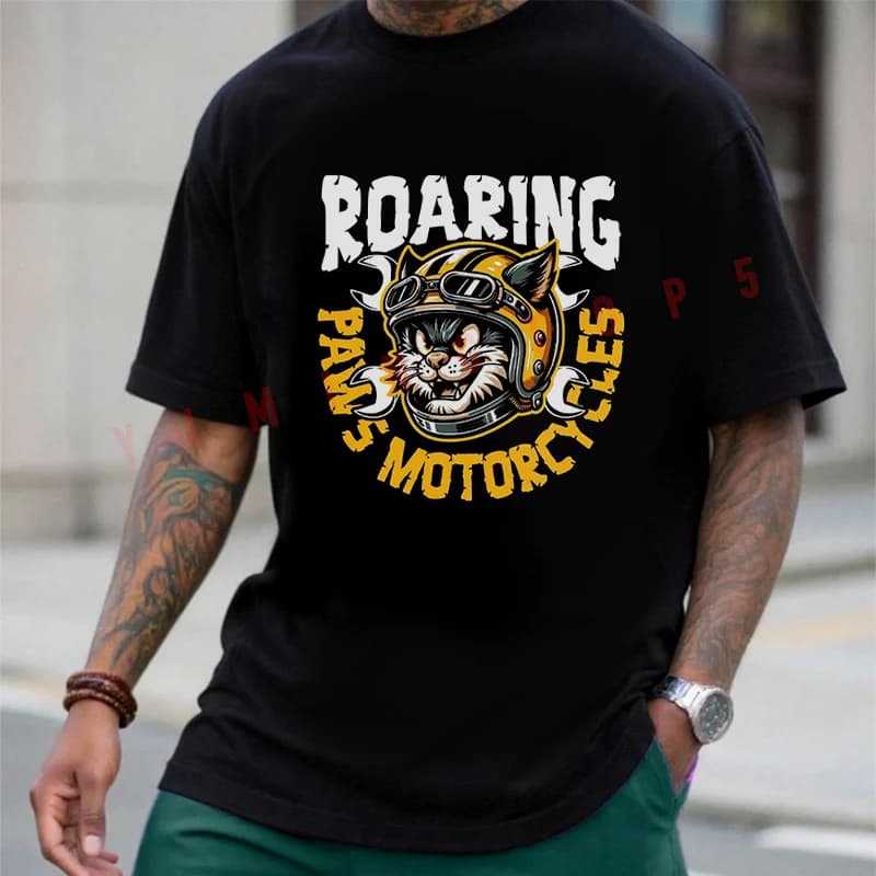Roaring Paws Motorcycle Graphic T-shirt Summer Cotton Short Sleeve Casual O-Neck Breathable Unisex Tops