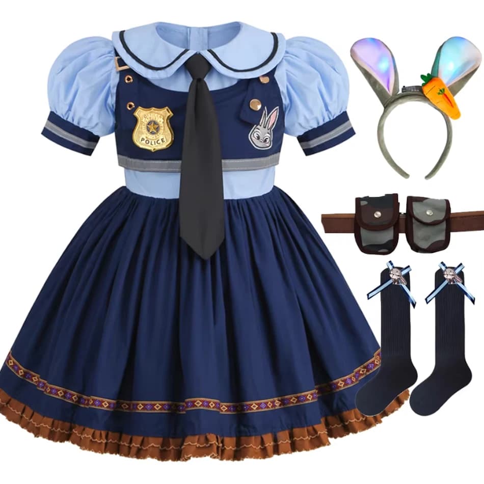 Costume da Judy per Bambini, Vestito per Feste di Carnevale, Set con Cravatta, Copricapo, Cintura e Calzini, Uniforme da Poliziotta per Giochi di Ruolo, Regalo di Compleanno