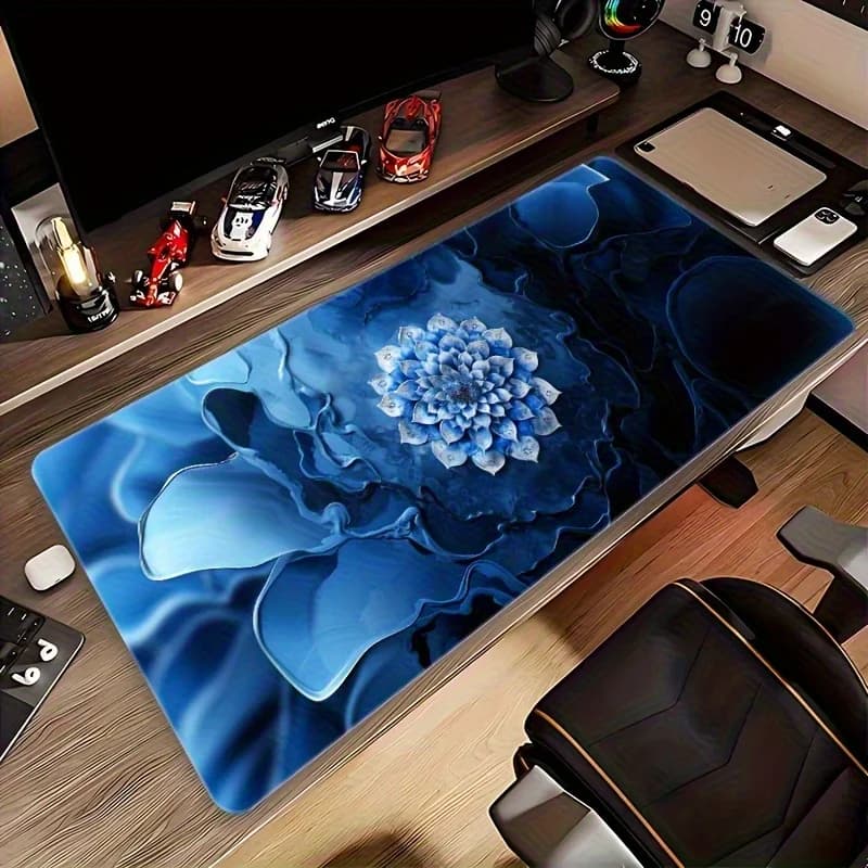 Tappetino per Mouse Esteso con Design Floreale 3D Blu, Base Antiscivolo in Gomma, Tappetino da Scrivania per Gaming e Ufficio