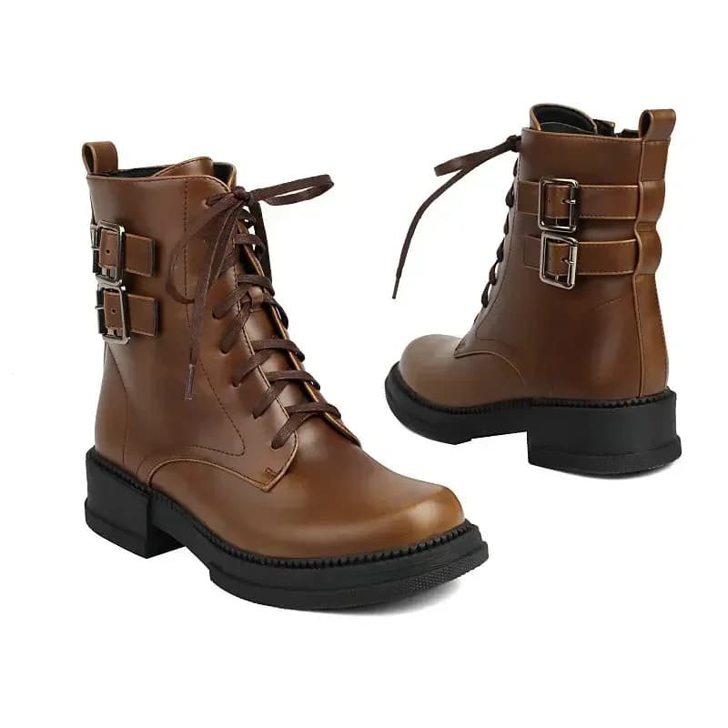 Ankle Boots Women Leisure Brown Black Color Round Toe Med Heels Casual Winter Lace-up Buckle Belt Designer Motorcycle Boots