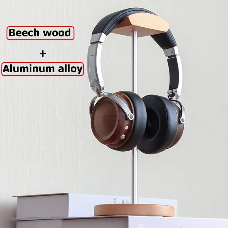 Wooden headphone support for beech wood game headphones + aluminium alloy table display for PC with space saving non-slip pad