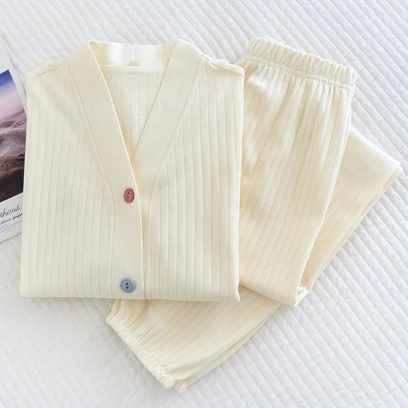 V-Neck Collar Cardigan Long-Sleeved Trousers Pure Cotton Pajamas Suit 2Pcs Pyjamas Elegant Home Clothes Loungewear Set