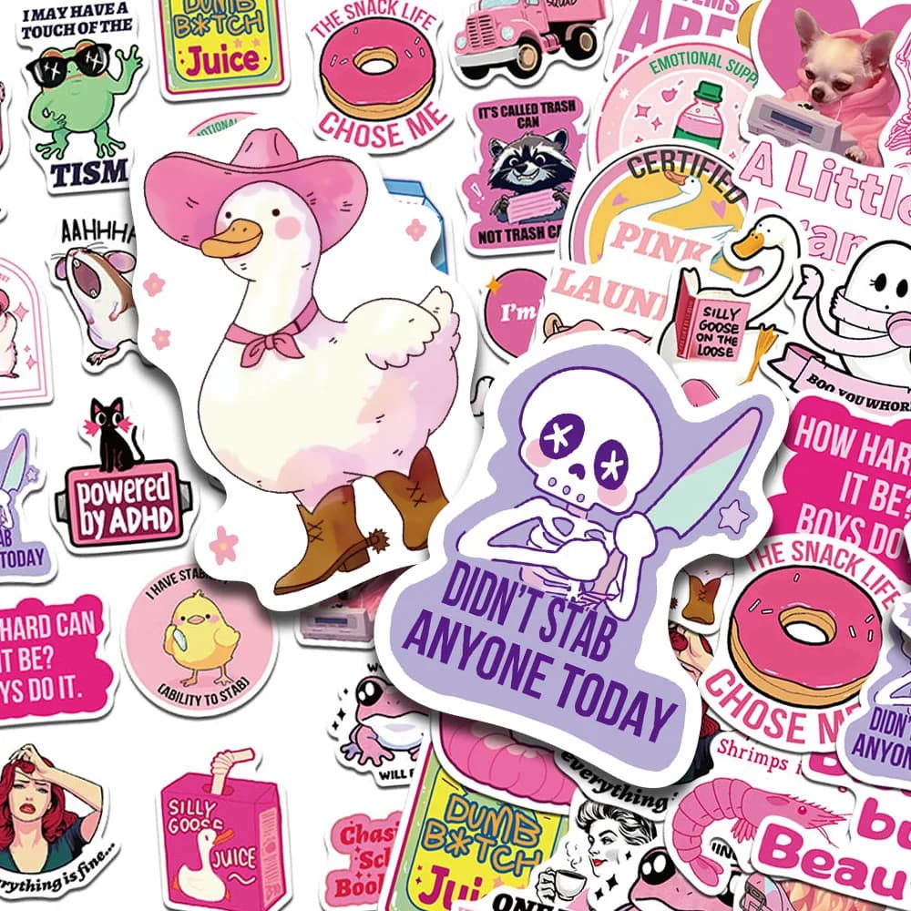 50 adesivi divertenti rosa a forma di cartone animato per laptop, scrapbook, skateboard, casco, valigia, adesivi estetici impermeabili fai da te