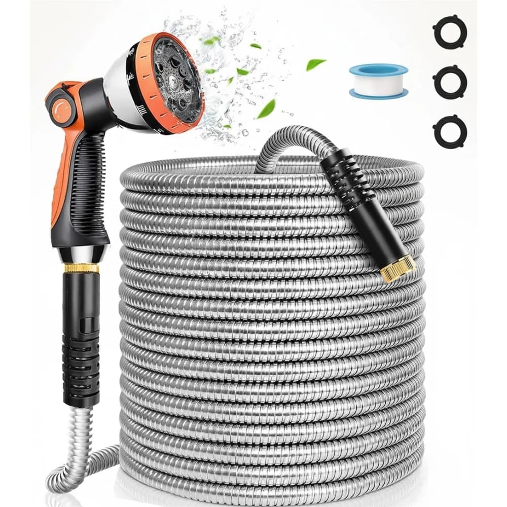 50 Foot Flexible Metal Garden Pipe With 10 Function Nozzle, Stainless Steel Light Water Pipe For Outdoor Motorhome