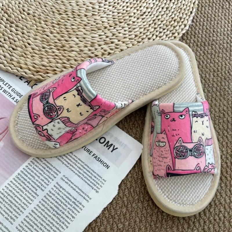 House Flax Slippers Women Floral Autumn Cute Home Indoor Non Slip Funny Sandals Cartoon Linen Cat Shoes Flat Striped