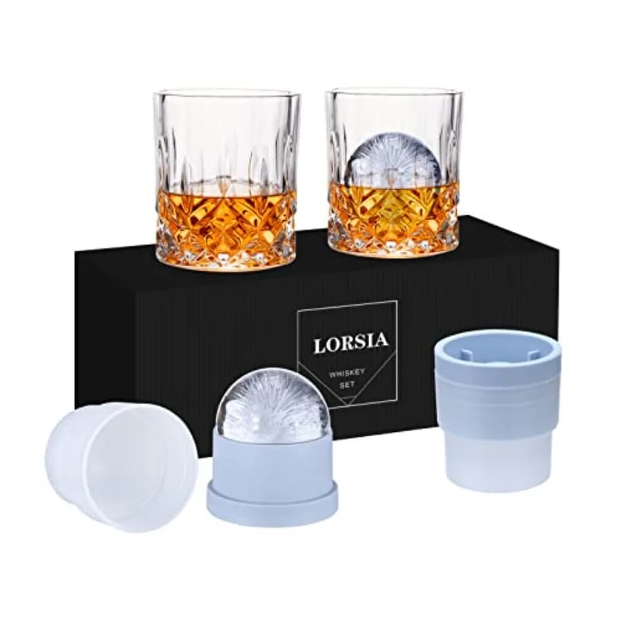 Set di 4 bicchieri per rocce di whisky con 2 bicchieri Bourbon di cristallo e 2 stampi rotondi grandi per palline di ghiaccio in elegante confezione regalo perfetta per servire