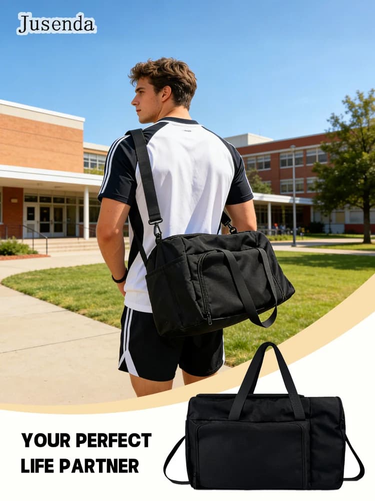 Basket bag with dry/wet separation and independent shoe compartment, waterproof, for football, gym, travel, single shoulder bag - Black
