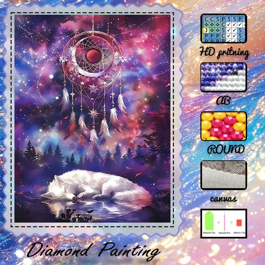 1 piece - 5D-DIY - Flocking cloth - Special drill - Diamond painting set - Dream catcher, white wolf - Mosaic - Diamond art