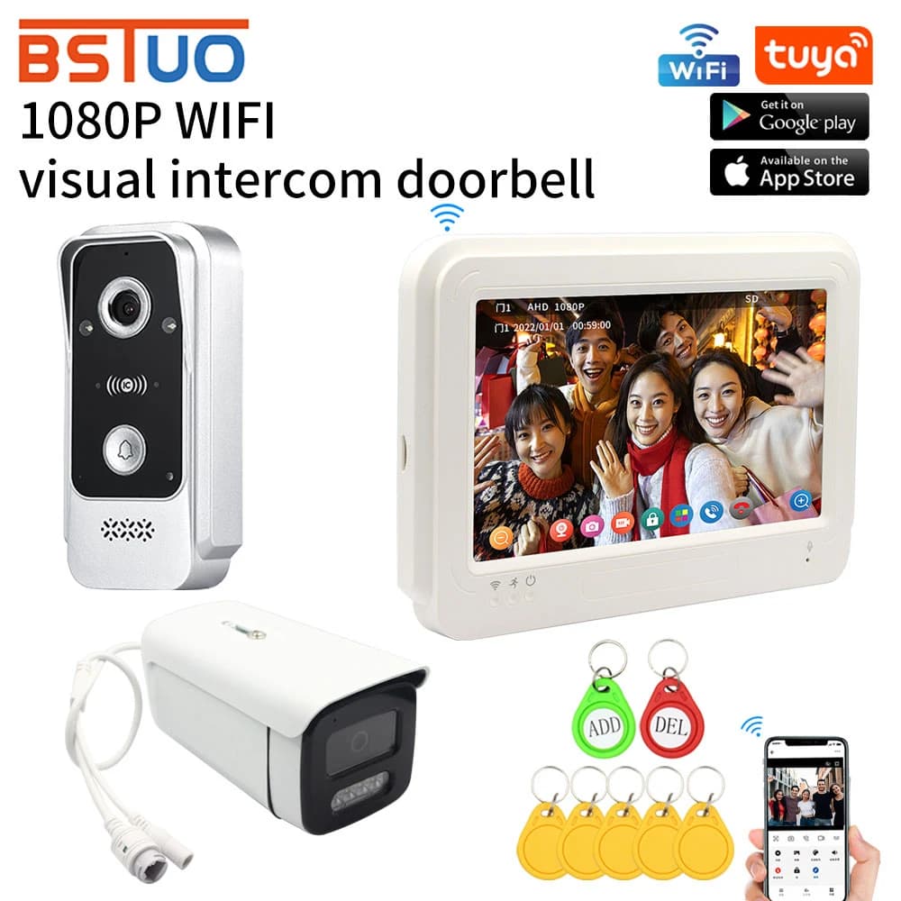 TUYA 1080P 7 pollici Touch Screen a colori Wifi Videocitofono Campanello Smart APP Kit citofono domestico per sistema di controllo accessi RFID NFC