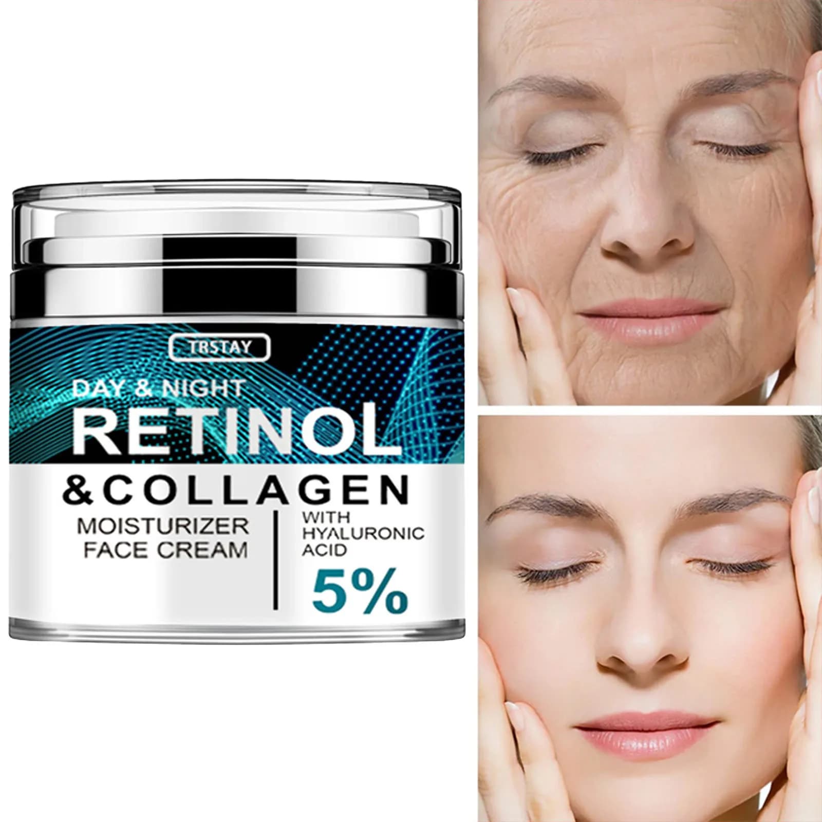 Day & Night Retinol Collagen Face Cream, Gentle Daily Moisturizer With Hyaluronic Acid