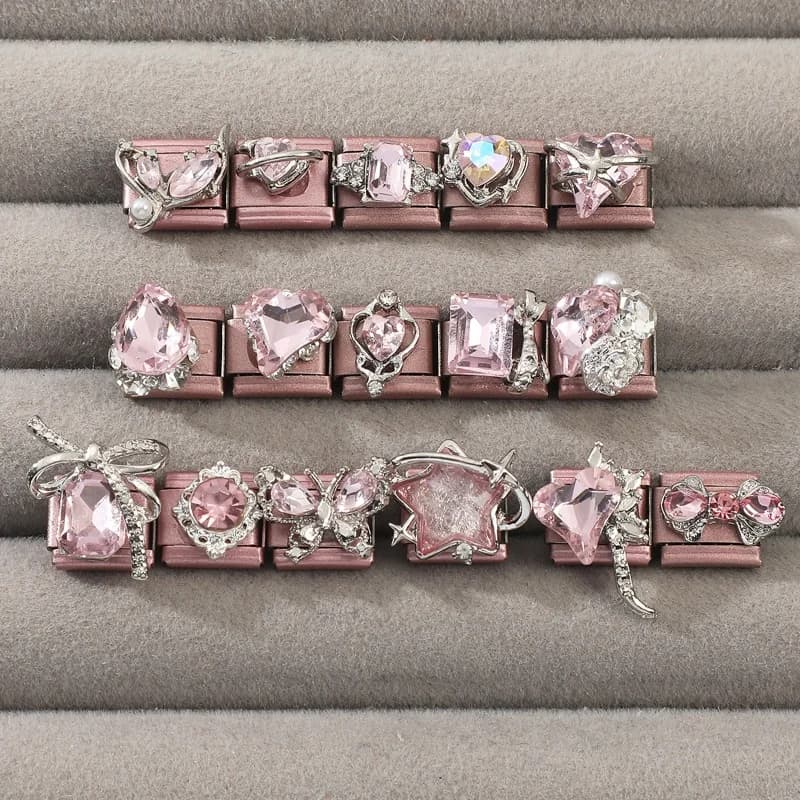 Fashion Pink Dreamy Crystal Butterfly Bow Heart Star Shell Star Charm Fit 9mm Stainless Steel Bracelet Women DIY Making Jewelry
