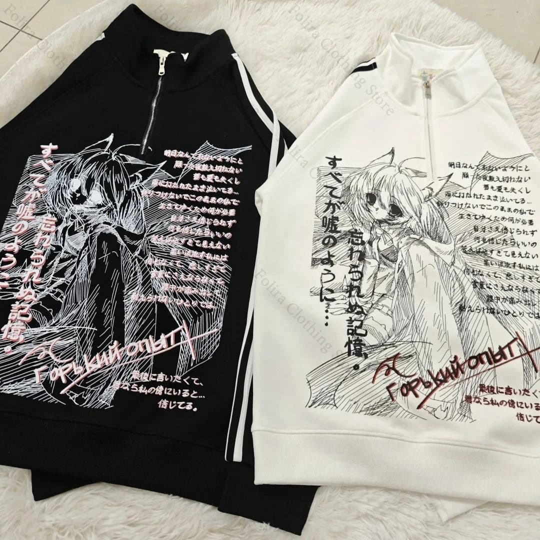 Anime Print Hoodie for Women Stand Collar Long Sleeve Tops Autumn Clothes Pullovers Daily Woman Clothing Outdoor Clothes