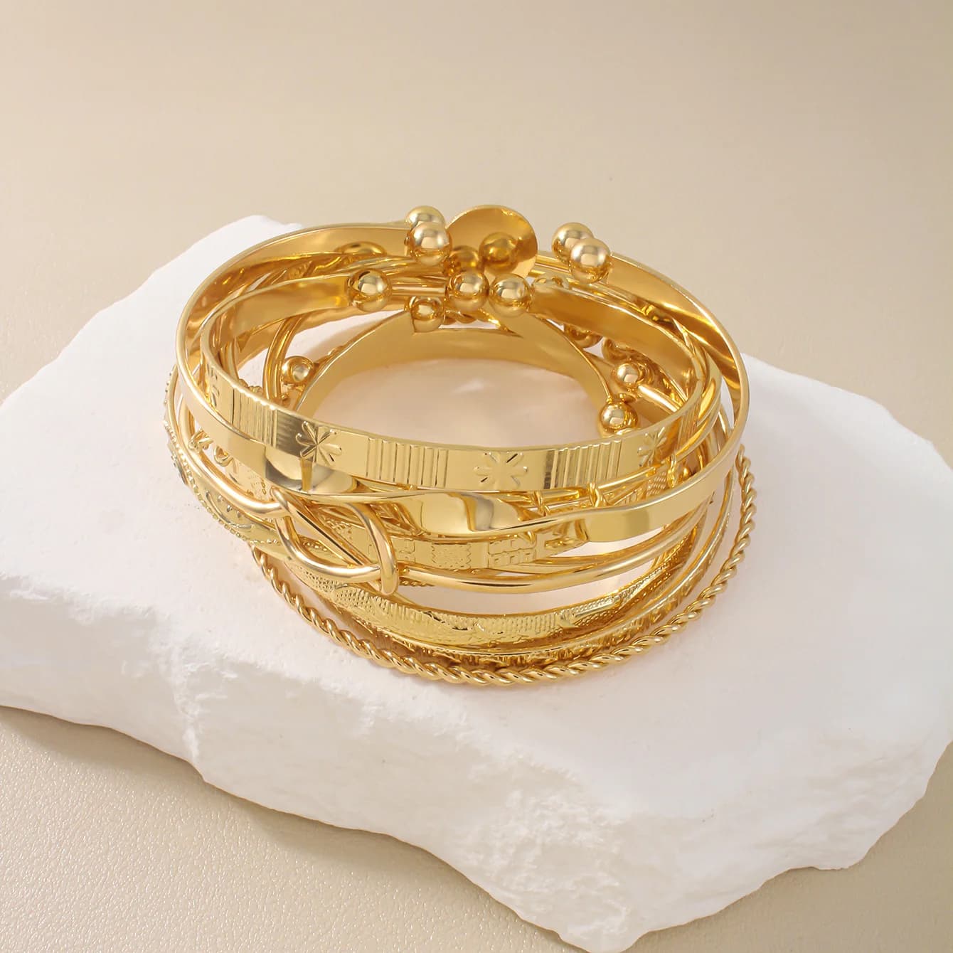 12Pcs Punk Gold Multilayer Open Bangle Set, Delicate Twisted Geometric Bracelets Trendy Wedding Jewelry Gifts for Women