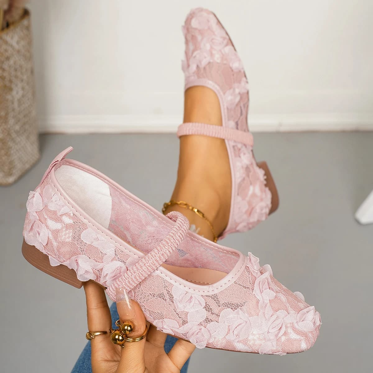 Scarpe basse da donna stile francese Mary Jane, ballerine con punta quadrata ispirate al balletto, sneakers traspiranti in mesh da donna