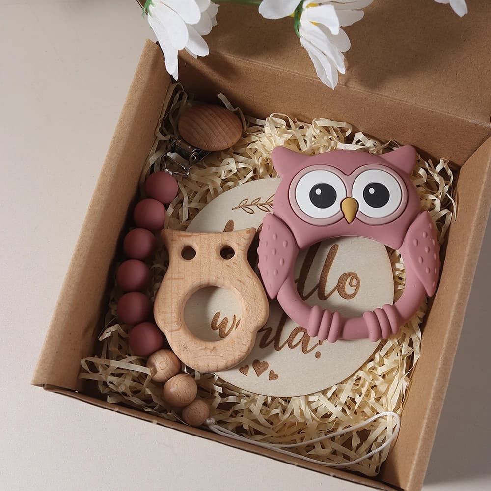 neonato set ciuccio massaggiagengive giocattolo gufo sonaglio pietra miliare neonato Baby shower Set regalo animale carino
