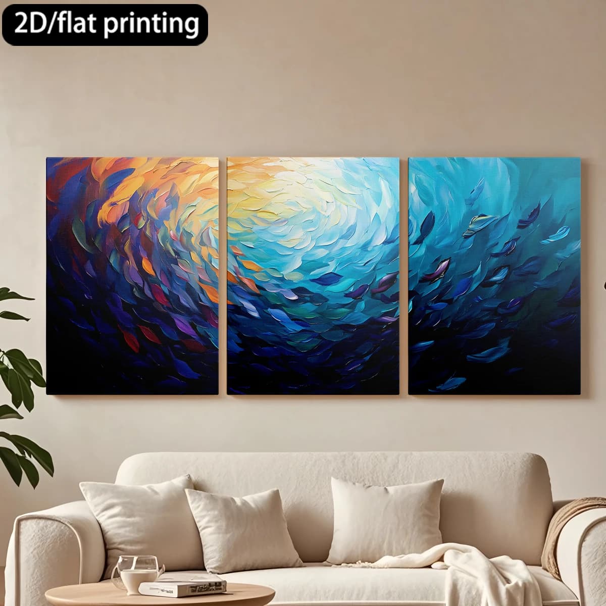Dipinto decorativo su tela con cornice in legno, 3 pezzi. Pittura astratta vivace, tratti fluidi. Decorazione per corridoio e camera da letto.