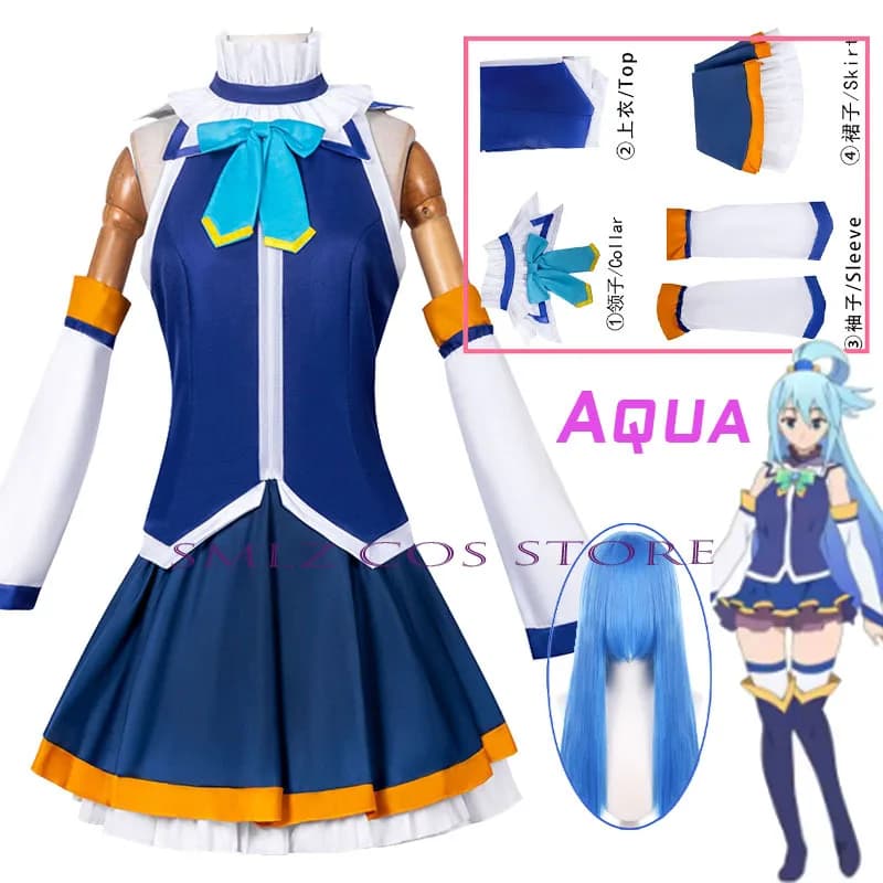 Costume Cosplay Anime Aqua KonoSuba, Uniform Dress Aqua for Girls, Set with Wig, Outfit for Party and Games for Women