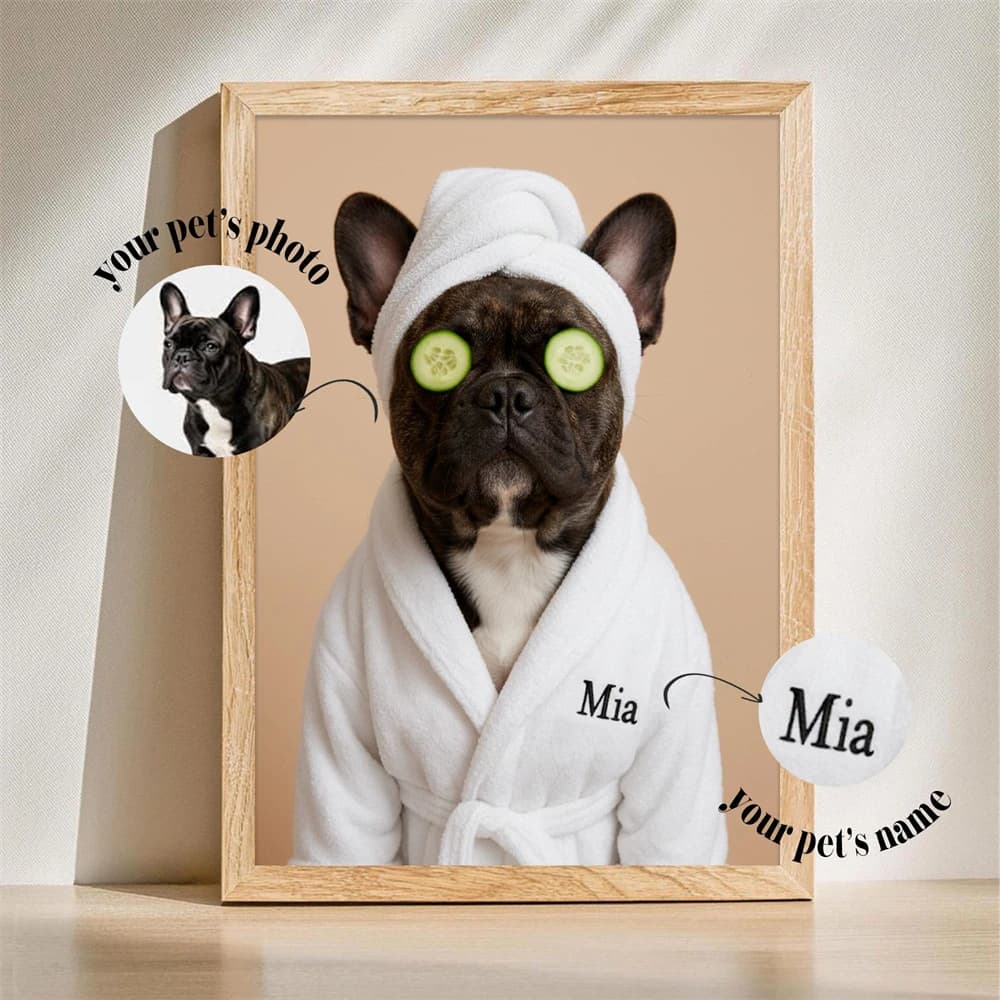 Custom Pet Portrait Photo Prints Funny Bathroom Art Dog Or Cat Poster Cat In A Bathrobe With Wine Personalized Pet Gift Decor