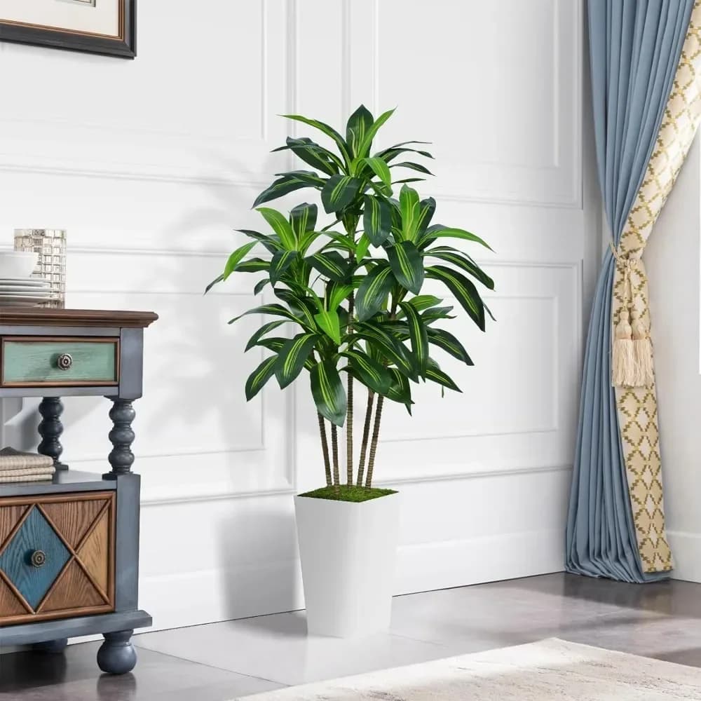 v Artificial Dracaena Tree with White High Planter - Precise tropical ground plant in pot