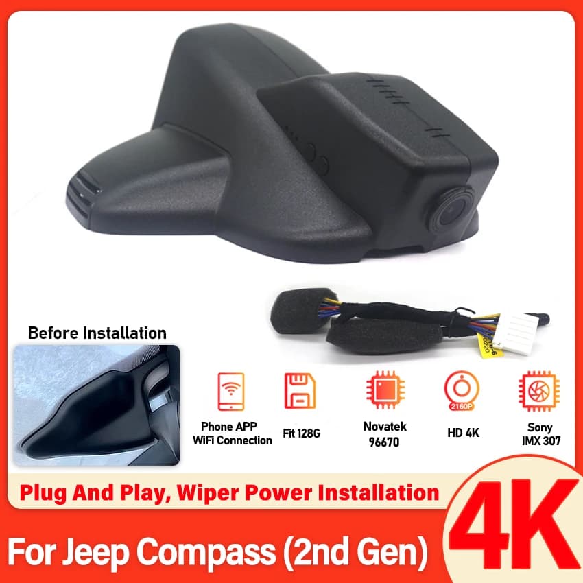 Dash Cam for Jeep Compass (2a Gen) 2018 2020 2021 2022 2023, 4K 2160P Car Camera with WIFI and APP Control, Dashcam