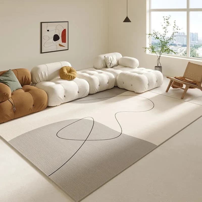 VIKAMA Minimalist Abstract Line Area Rug, Soft Beige Grey Non-Slip Floor Carpet for Living Room, Bedroom & Modern Home