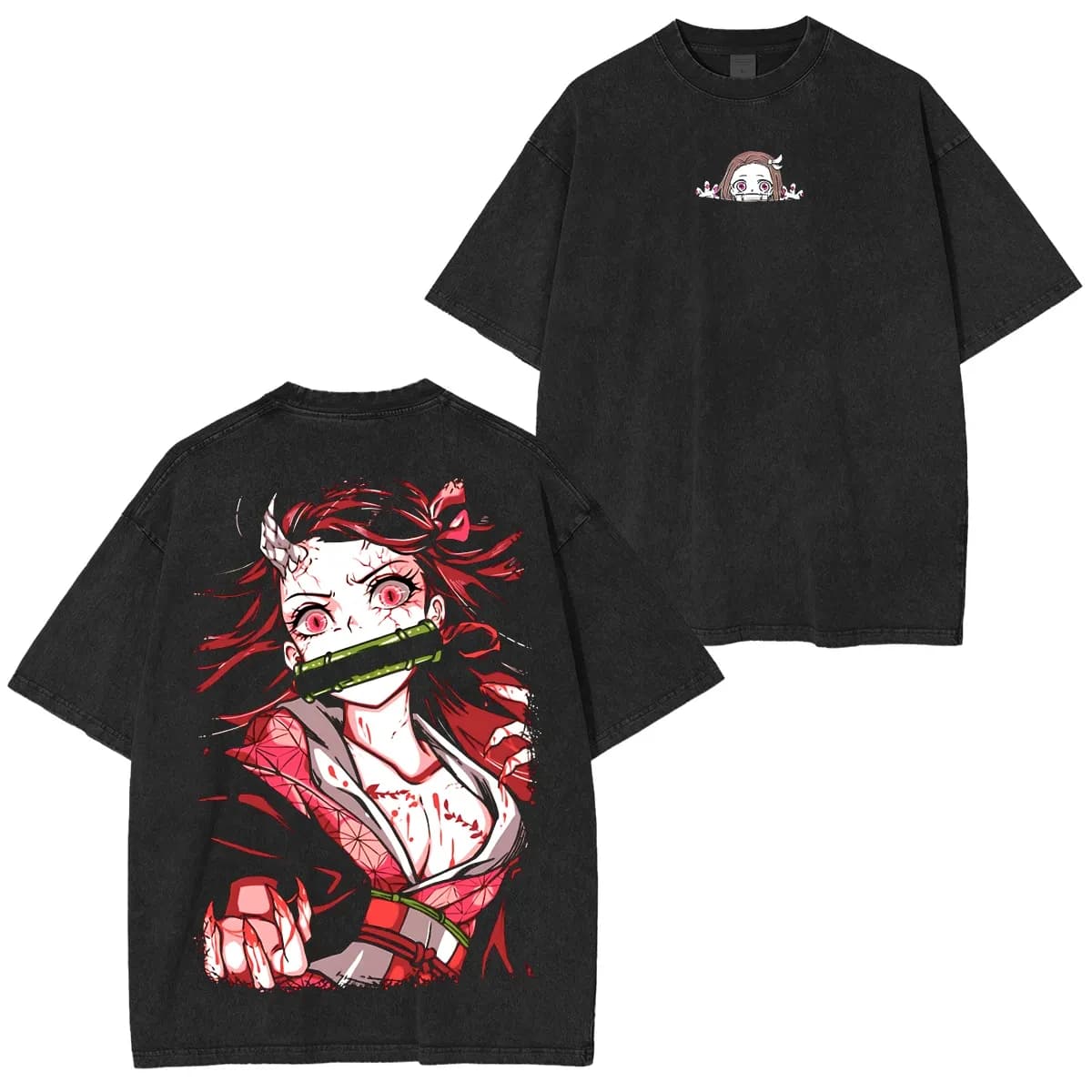 T-shirt Nera Oversize Demon Slayer Nezuko Kamado Demon Rage Red Blood Acid Wash 2026 Estiva Streetwear con Grafica Anime