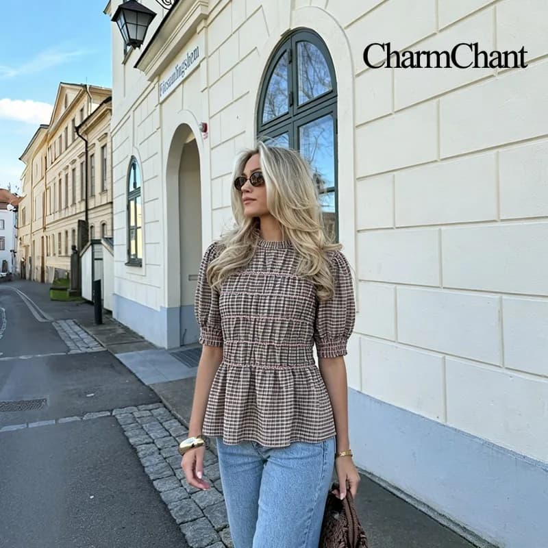 CHARMCHANT Blusa da Donna in Cotone Gingham con Maniche a Sbuffo e Arricciatura, Top con Peplum Stile Francese, Casual, Girocollo, Primavera Estate 2026