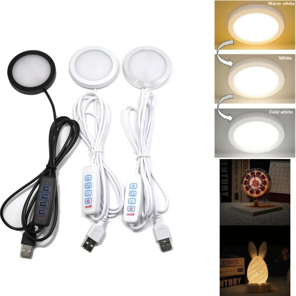 3 Colors Adjustable USB Puck Light 5V Ultra Thin LED Cabinet Light for Kitchen Wardrobe RV Wine Bar Dimmable Night Lamp Warm