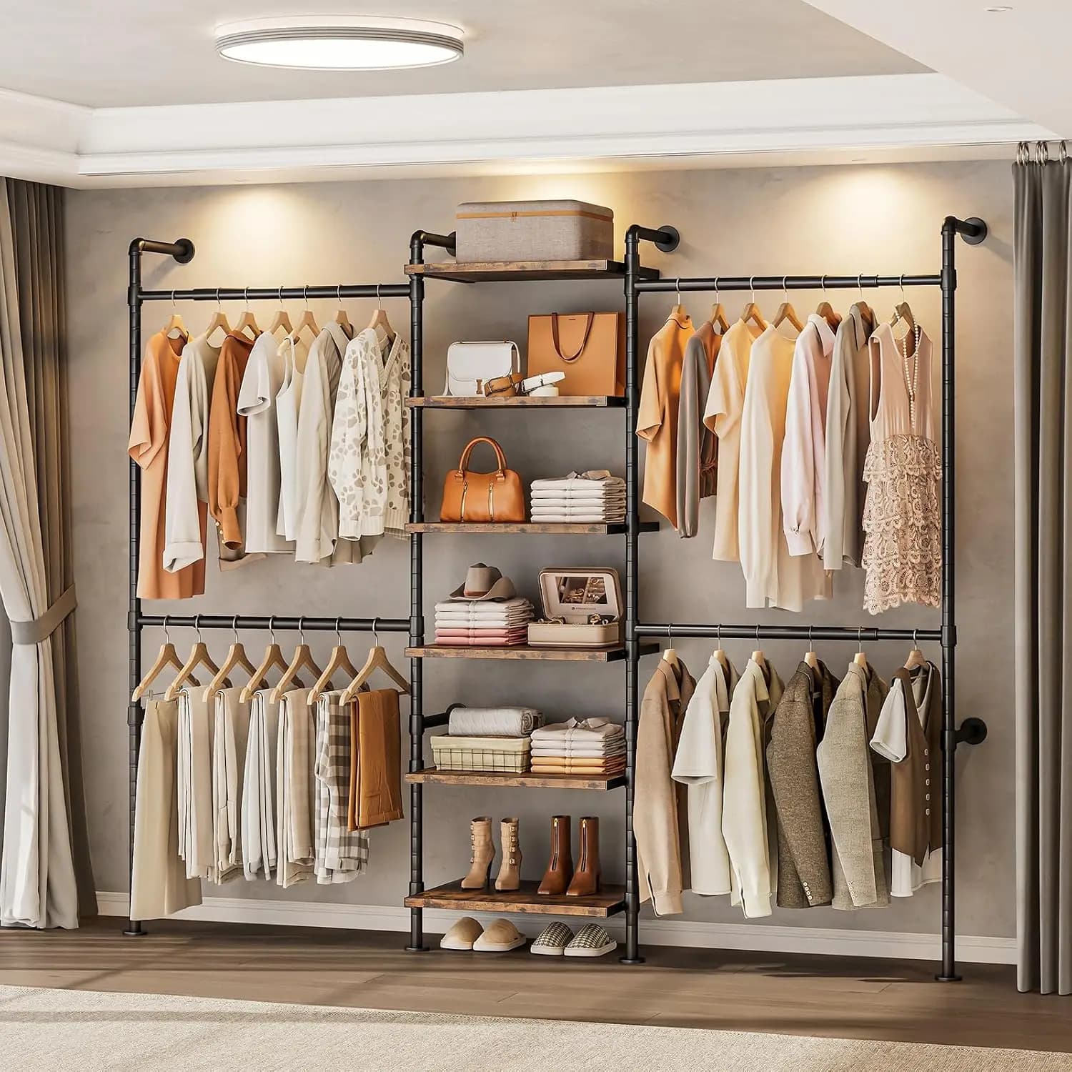 Rustic Brown Wall Mounted Industrial Pipe Closet Organizer System with 6 Wooden Shelves & 4 Telescopic Garment Rods, Heavy Duty Clothing Storage Rack for Wardrobe