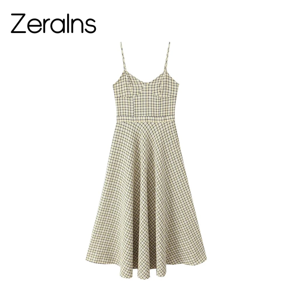 ZERAINS 2026 Summer New Sexy Vacation Style V-neck Casual Checkered Strap Midi Dress Long
