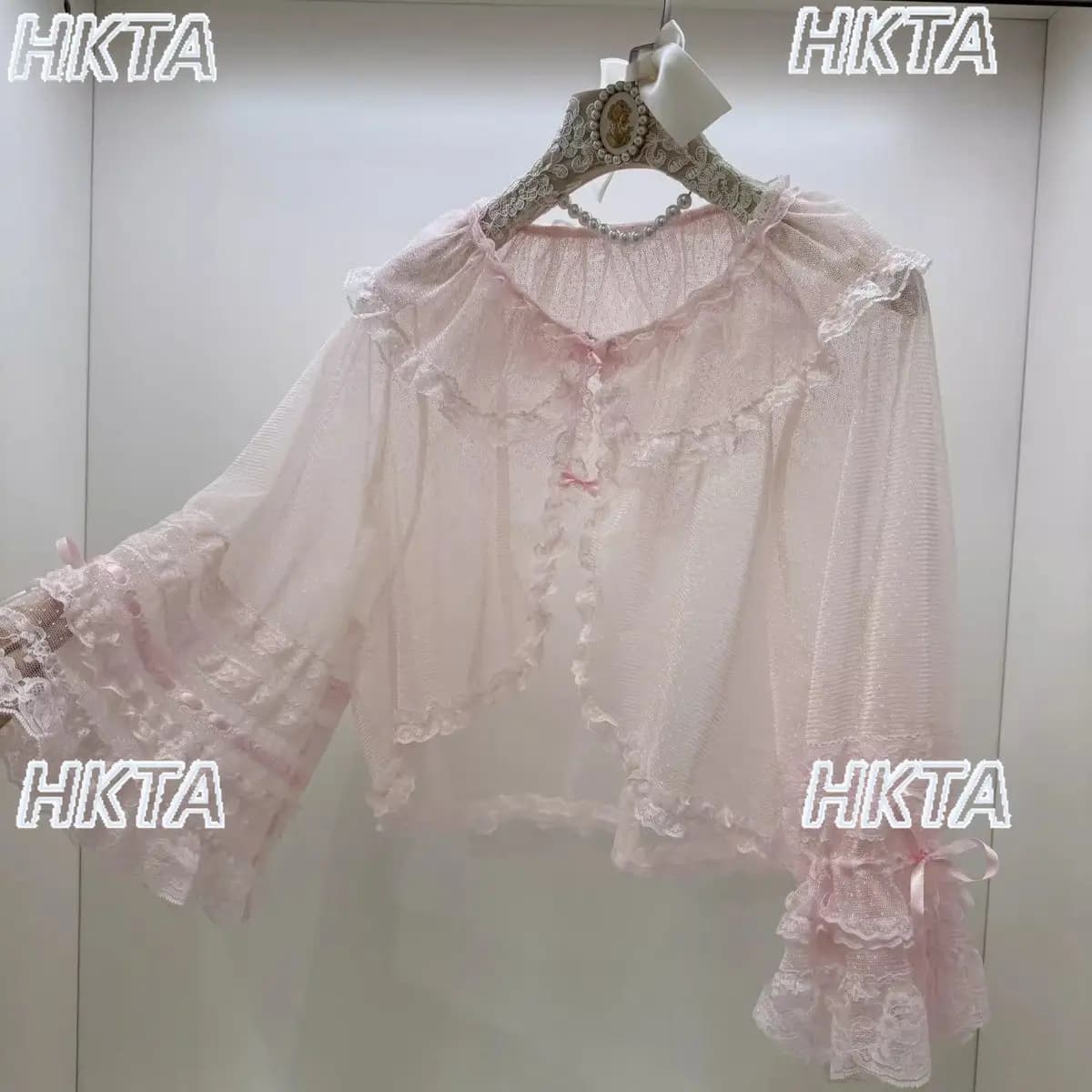 Camicetta da donna in pizzo Lolita estiva, sottile, nera, a maniche lunghe, con colletto a bambola, fiocco e pois, stile dolce e carino giapponese, top Kawaii