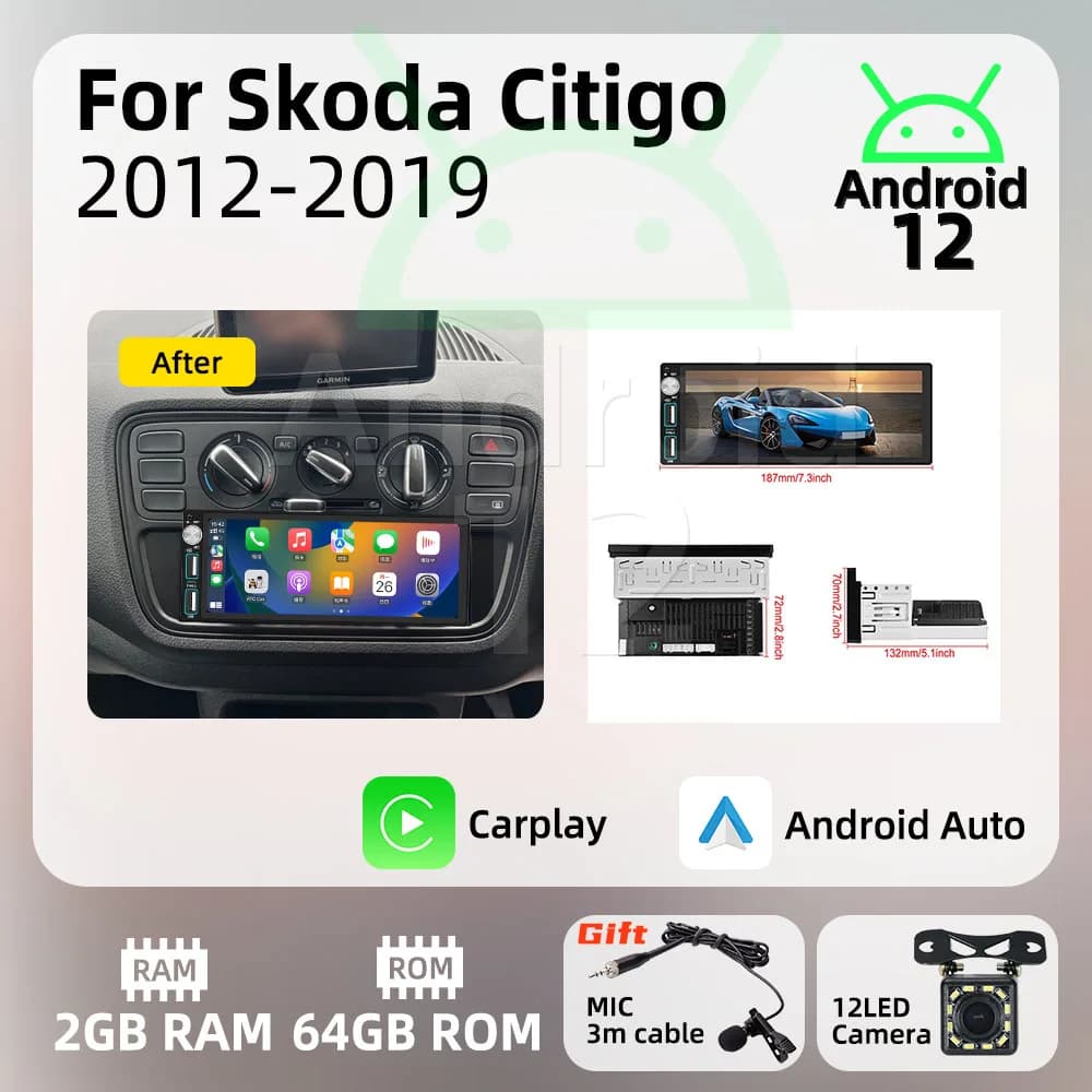 Carplay Autoradio 6.86" 1Din Radio Android Car Multimedia for Skoda Citigo 2012-2019 Stereo Head Unit Navigation GPS Wifi