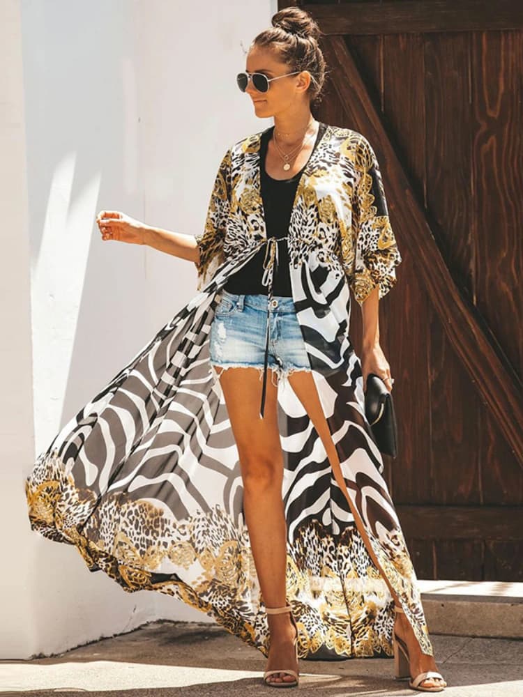 Bikini Cover Up Chiffon Beach Kimono Woman Leopard Printed Long Cape For Swimwear Summer Beach Wear Factory Supply