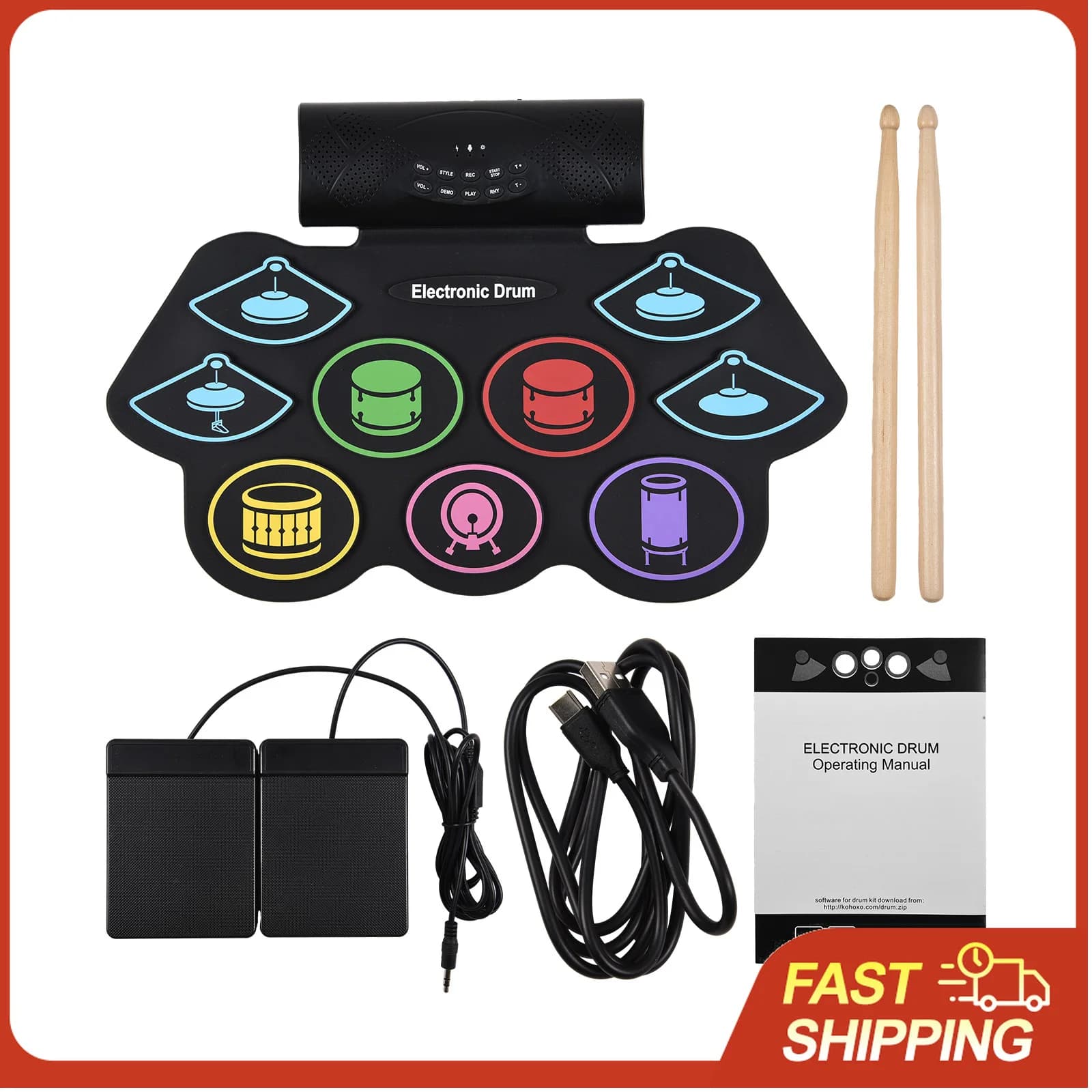 Set di Batteria Elettronica Portatile, Strumento a Percussione con 9 Pad, BT, Suono Esterno, Bacchette, Pedale, Interfaccia MIDI, Altoparlante
