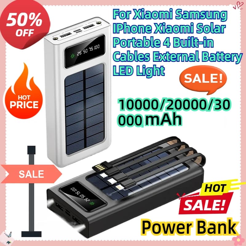 Power Bank Solare Portatile da 20000mAh per Xiaomi Samsung iPhone con 4 Cavi Integrati, Batteria Esterna e Luce LED