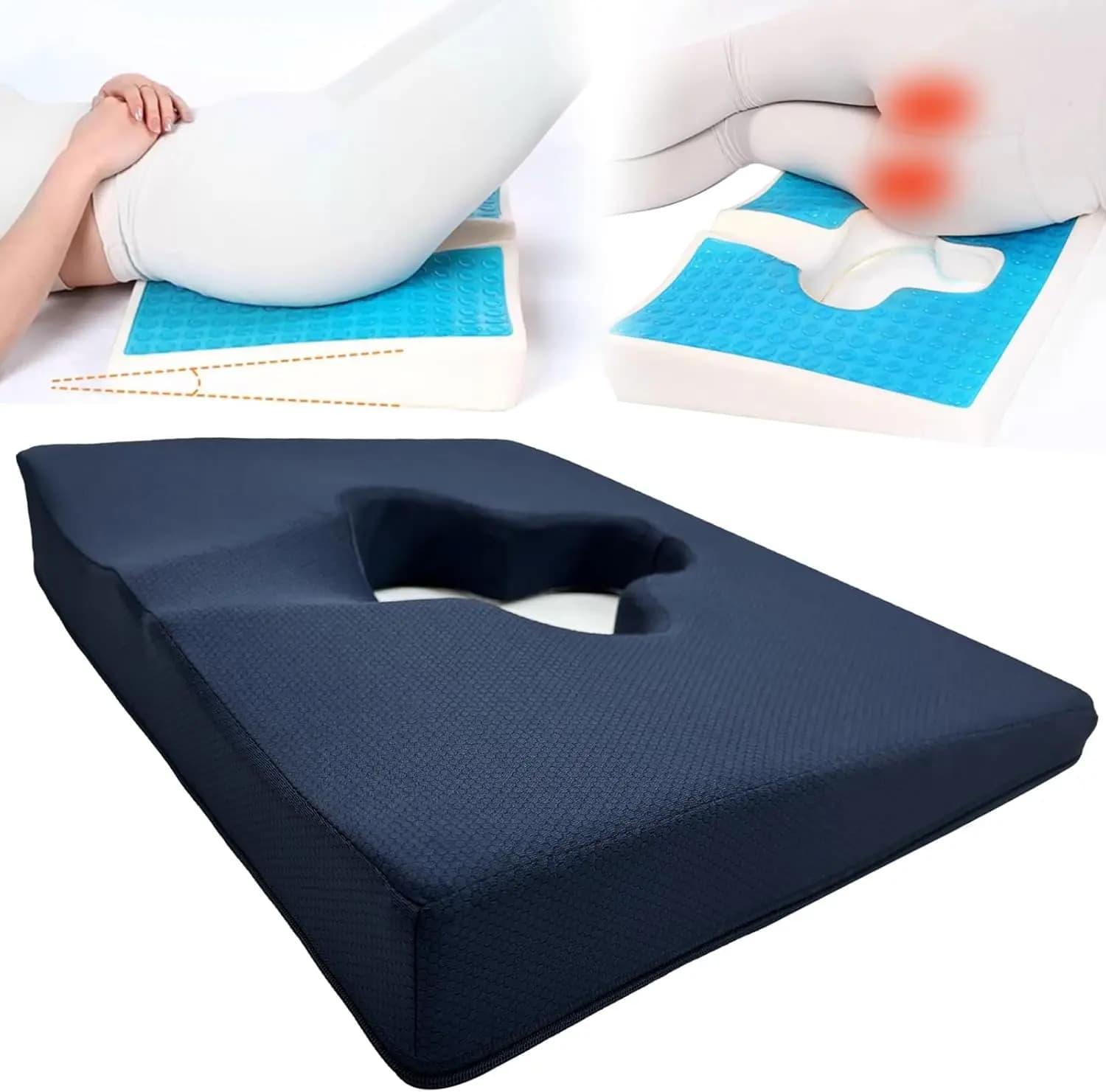 Cuscino Ergonomico in Memory Foam Gel per Alleviare la Pressione, Dolore Sciatico e Lombare - Rivestimento Blu Antiscivolo Lavabile