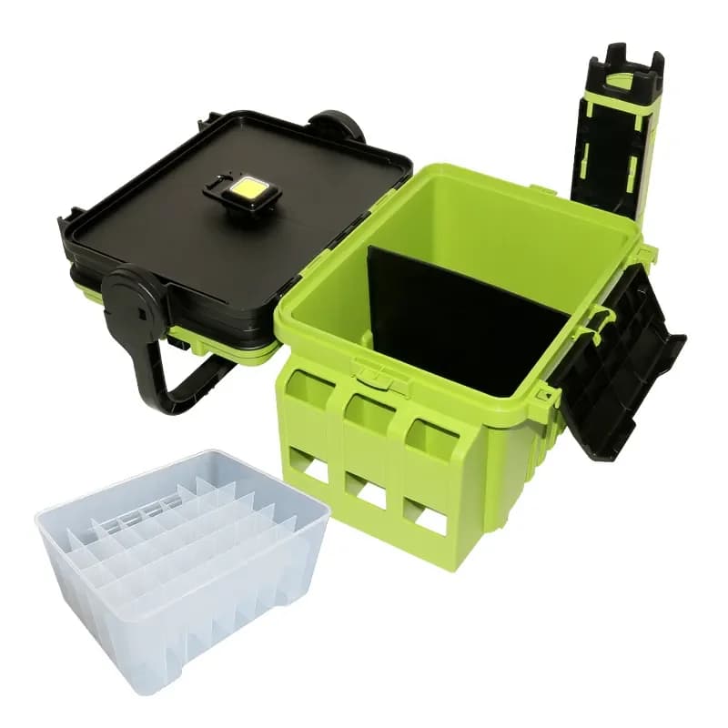Pesca con scatola per attrezzatura multifunzionale impermeabile all'ingrosso, con scatola per attrezzatura da pesca in plastica leggera a led