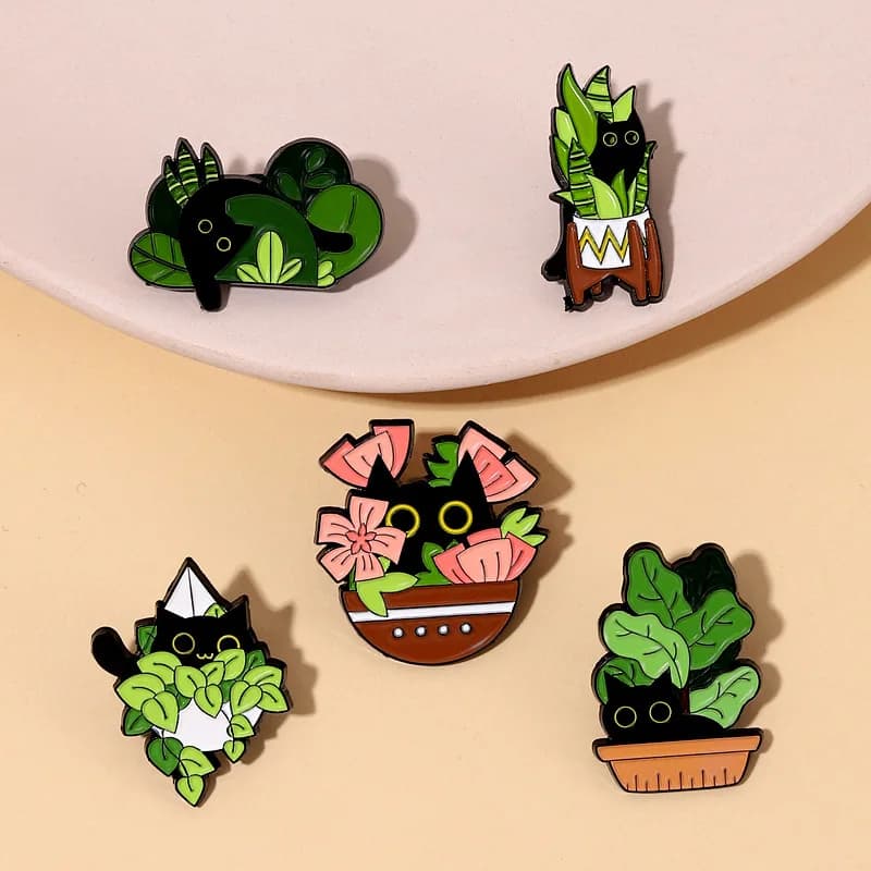 Cat - in - Plant Pot Enamel Pins: For Greenery & Cat Lover Outfits, Cozy Gatherings & Charming Gifting