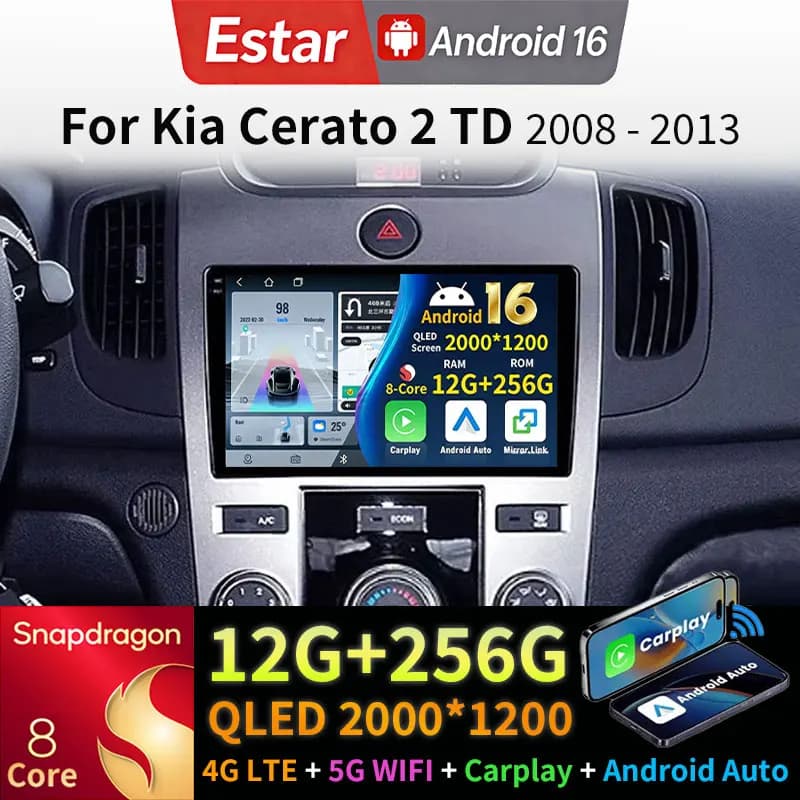 Autoradio Android 16 con Carplay per Kia Cerato 2 TD 2008-2013, Lettore Video Stereo Wireless, Navigatore, BT, Wifi, DSP, 4G LTE