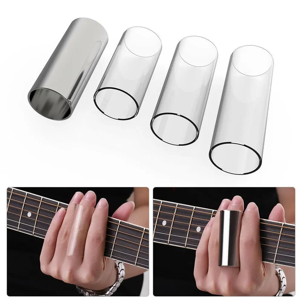 Il set di diapositive per chitarra include 3 diapositive in vetro (5,1 cm/6 cm/7 cm) + 1 diapositiva in acciaio inossidabile (6 cm) + 4 pezzi di pollice e dito in celluloide