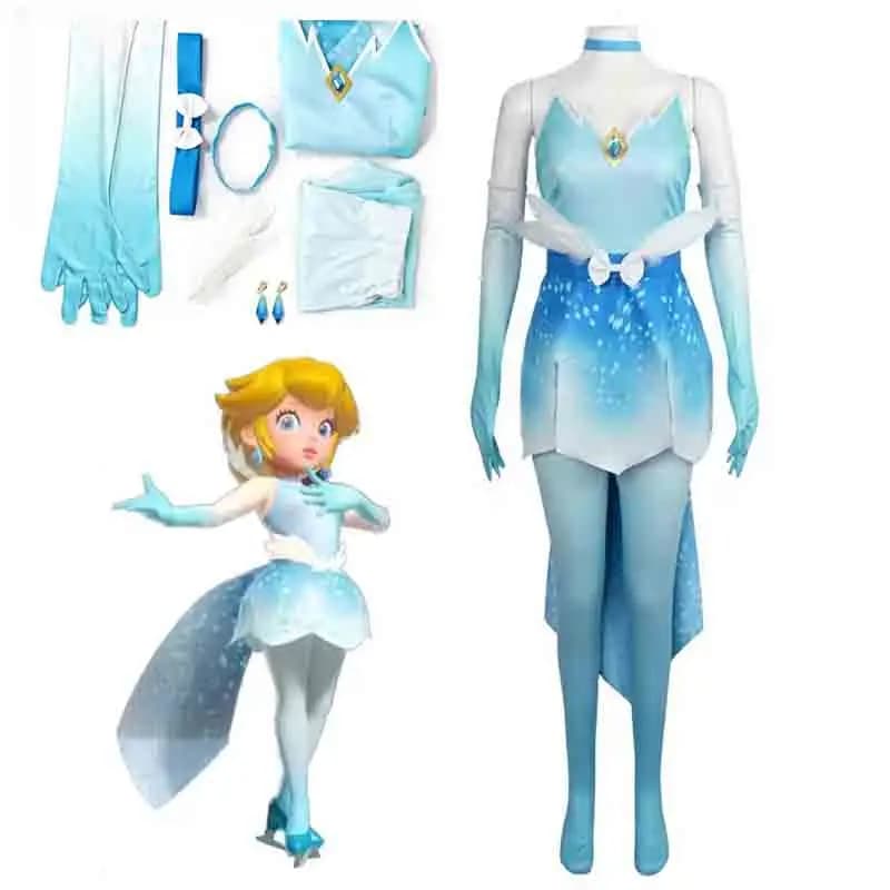 Costume da Principessa Peach, Abito Blu con Calzini, Guanti, Cintura e Accessori, Set per Cosplay Ice Peach