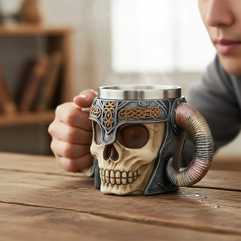 Boccale da Birra a Doppio Corno di Montone da 450ml, a Forma di Cavaliere Scheletrato, Creativo in Acciaio Inossidabile Resistente al Calore per Bevande, Birra, Acqua