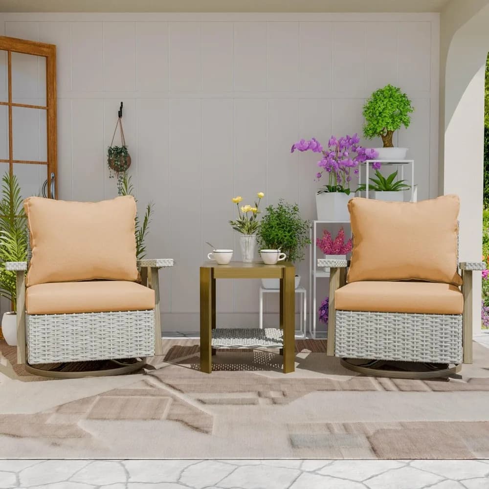 Outdoor swivel rocking chair, 360 ° Rcoker patio rattan chair with covered cushion for porch, terrace, balcony, garden. (2 Wheelchairs