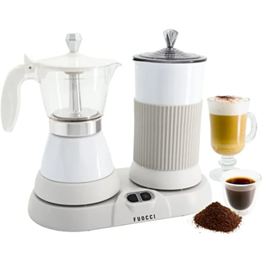 Electric Moka Pot with Milk Frother 3-Cup 150 ml Modern Espresso Maker for Coffee Cappuccino Latte Mocha and Cuban White