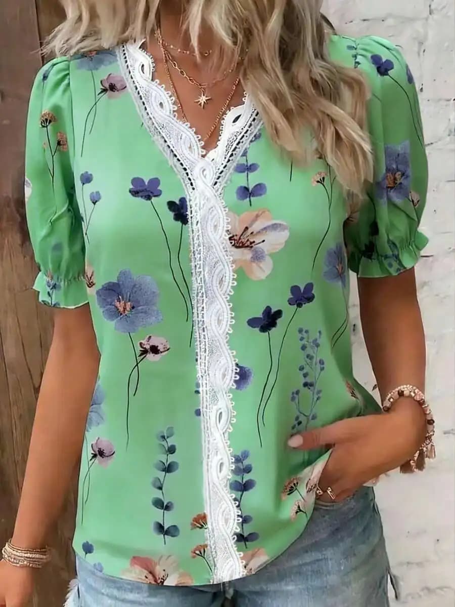Womens Casual Floral Print Puff Sleeve Blouse With Lace Trim Summer
