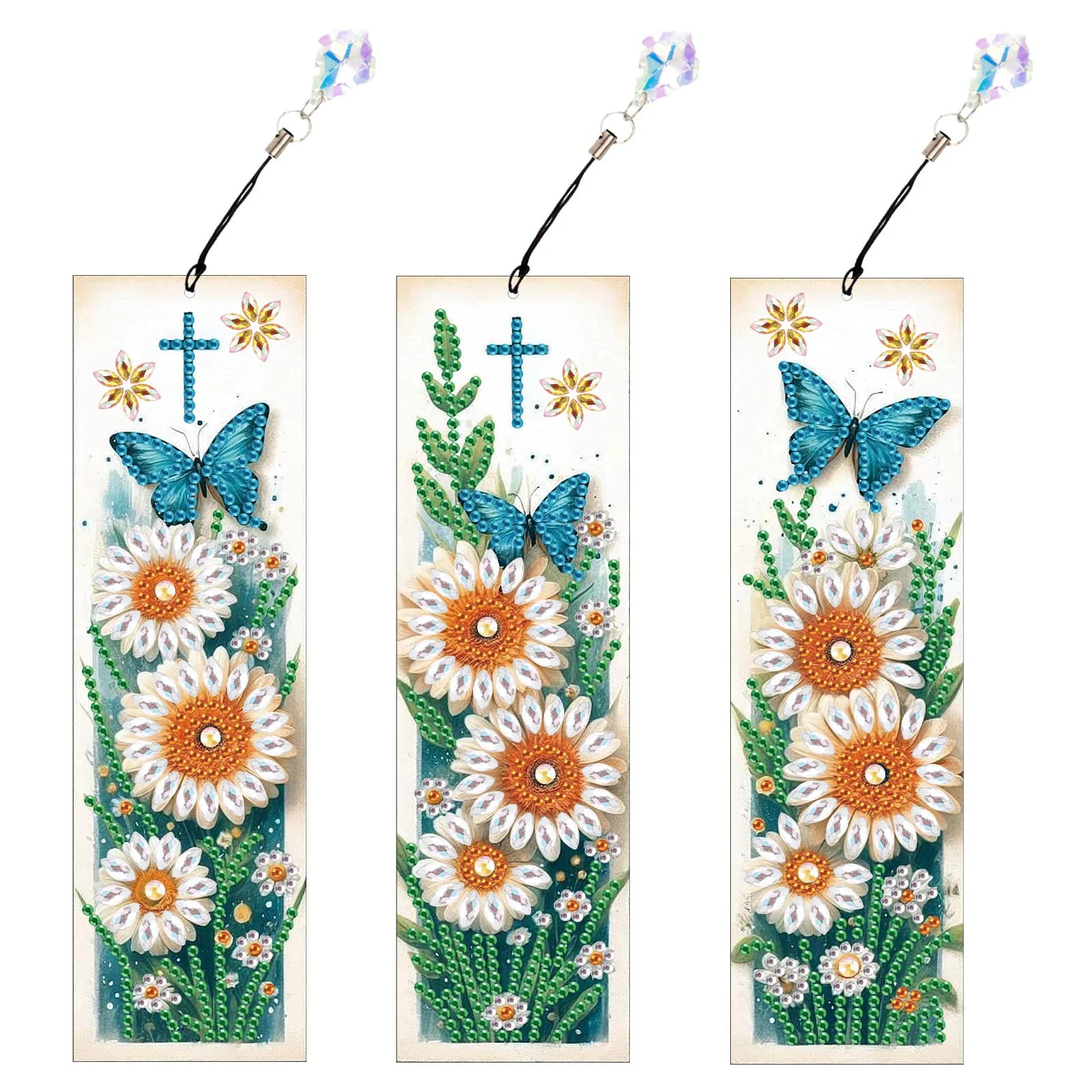 Kit di segnalibri per pittura artistica con diamanti da 3 pezzi per principianti, segnalibri con ciondolo in cristallo scintillante con piccola margherita per regalo per l'home office