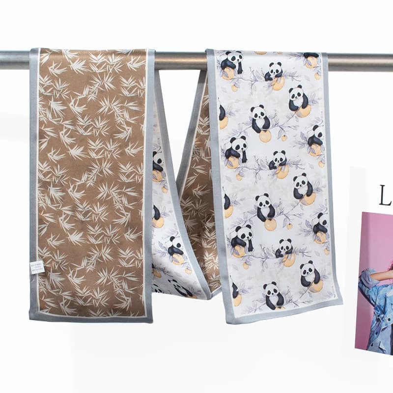 Classic Chinese Panda Bamboo Print 100% Mulberry Silk Skinny Scarf Multi-use Neck Wrap for Shopping Date Outdoor Trip