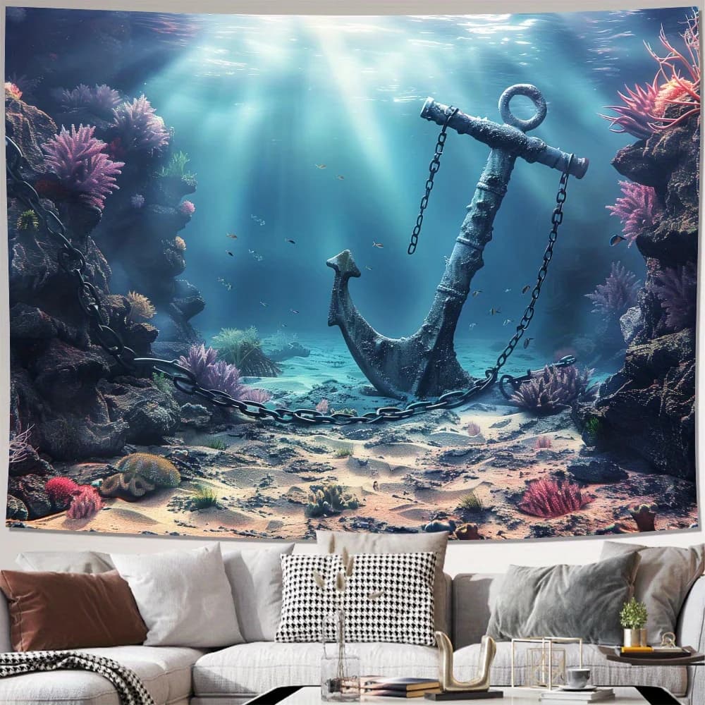 Large Anchor Underwater Ocean Tapestry Deep Sea Nautical Coastal Wall Hanging Decor Art Print Boho Living Room