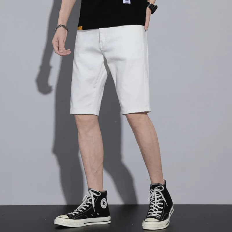 Pantaloncini di jeans neri bianchi da uomo nuovi casual estivi tinta unita dritto sottile foro elasticizzato morbido spiaggia lunghezza al ginocchio jeans corti maschili
